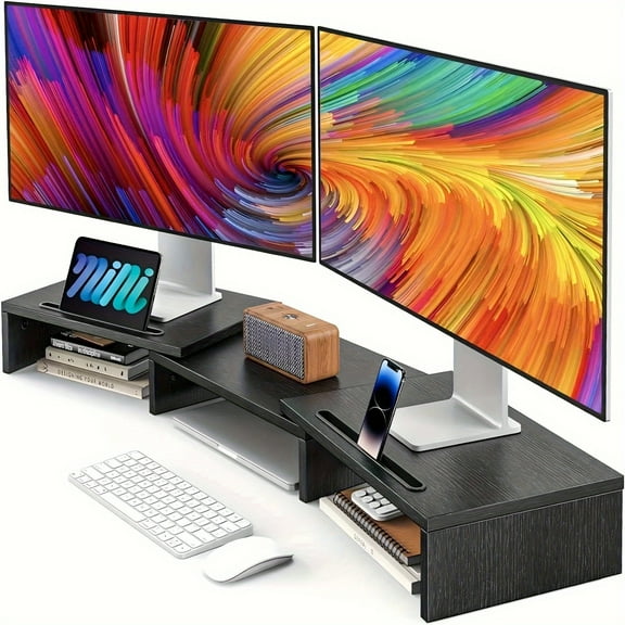 Dual Monitor Stand for 2 Monitors – Adjustable Length & Angle Computer Monitor Riser with 2 Slots, Desktop Organizer for Laptops, PCs & Printers
