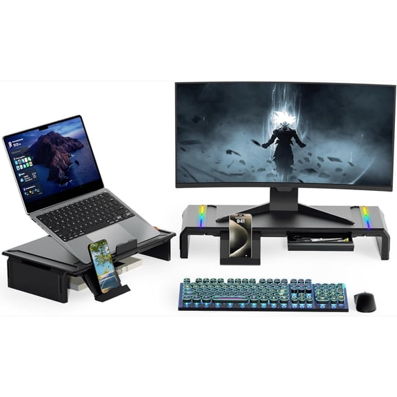 Dual Monitor Stand for Desk, Gaming Monitor Riser with RGB Light, Foldable Computer Monitor Stand Riser, Desk Organizers and Accessories  (Black)