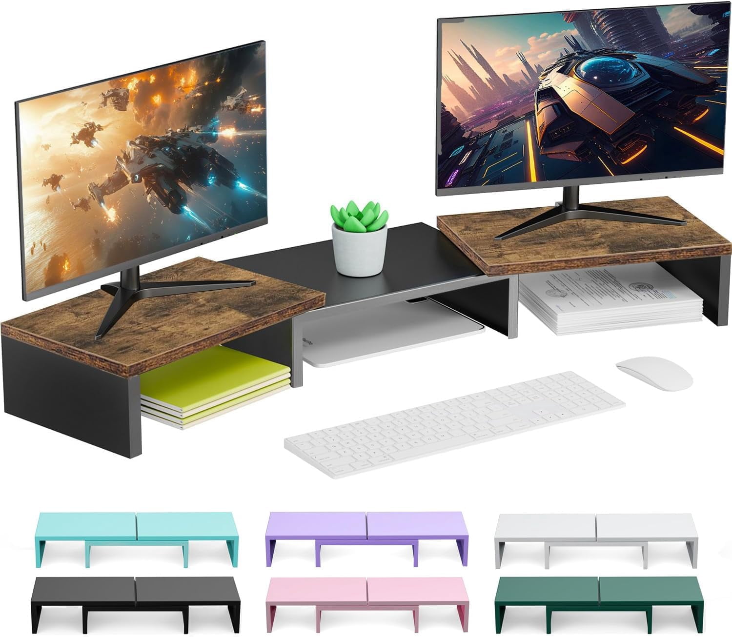Dual Monitor Stand for Desk, Metal Computer Stand, Desk Shelf Riser,Desktop Organizer for Home and Office Use (Black)