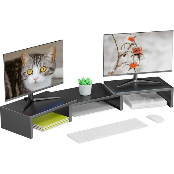 Dual Monitor Stand for Desk, Metal Computer Stand, Desk Shelf Riser,Desktop Organizer for Home and Office Use (Black)