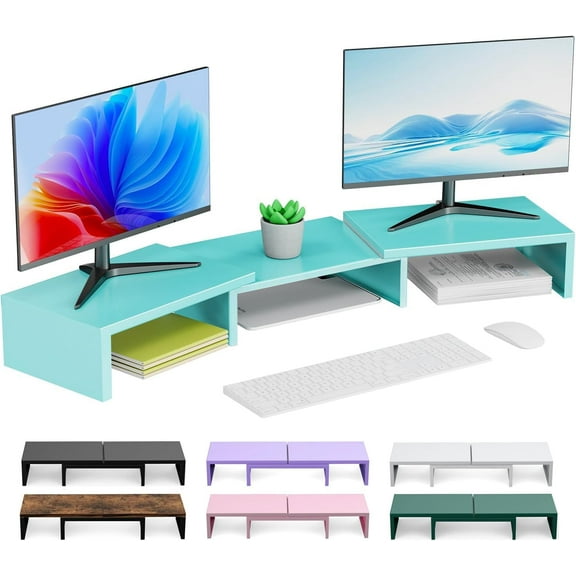 Dual Monitor Stand for Desk, Metal Computer Stand, Desk Shelf Riser,Desktop Organizer for Home and Office Use (Blue)