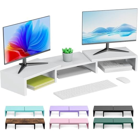 Dual Monitor Stand for Desk, Metal Computer Stand, Desk Shelf Riser,Desktop Organizer for Home and Office Use (White)