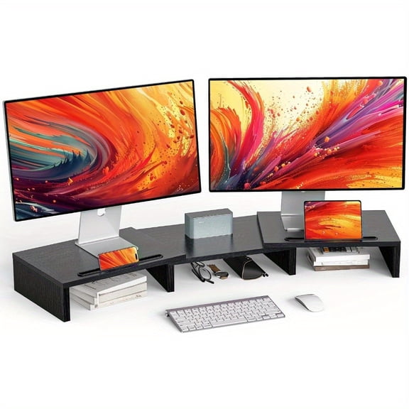 Dual Monitor Stand with Adjustable Length and Angle, Black Monitor Riser with Phone Slots