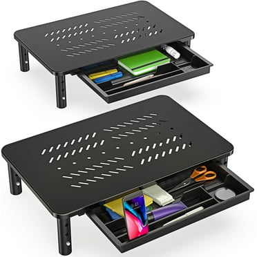 Dual Monitor Stand with Drawer 2PK - Adjustable Computer Monitor Riser, Metal Desktop Stand for PC Cellphone Cable Management, Black