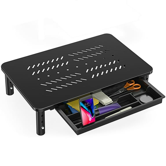 Dual Monitor Stand with Drawer, Adjustable Computer Monitor Riser, Metal Desktop Stand for PC Cellphone Cable Management, Black