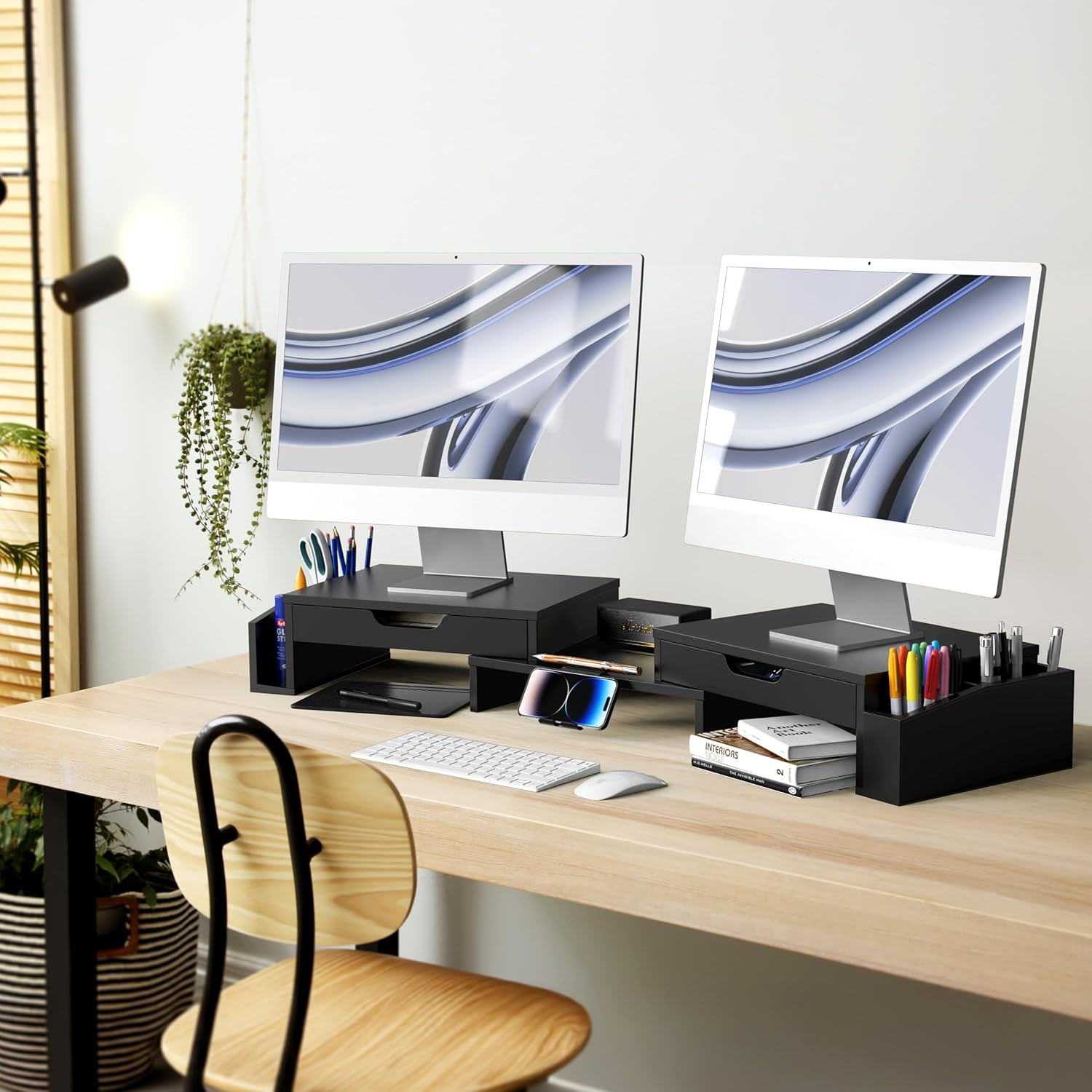 Dual Monitor Stand with Drawers and Phone Holder for Office Desk Organization