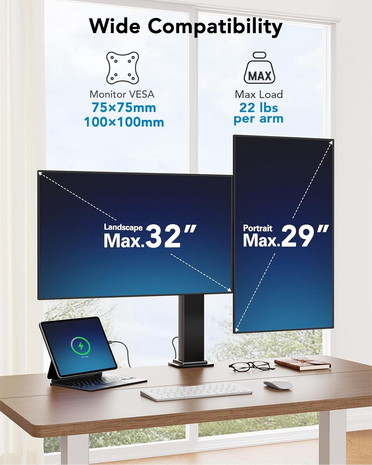 Dual Monitor Stand with Power Outlet, Full Motion Double Monitor Mount for 13-32 Inch Screens