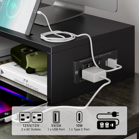 Dual Monitor Stand with USB Ports,Wood Computer Monitor Stand with Drawer,Adjustable Monitor Stand Riser,Desk Organizer for PC,Computer,Laptop,Black