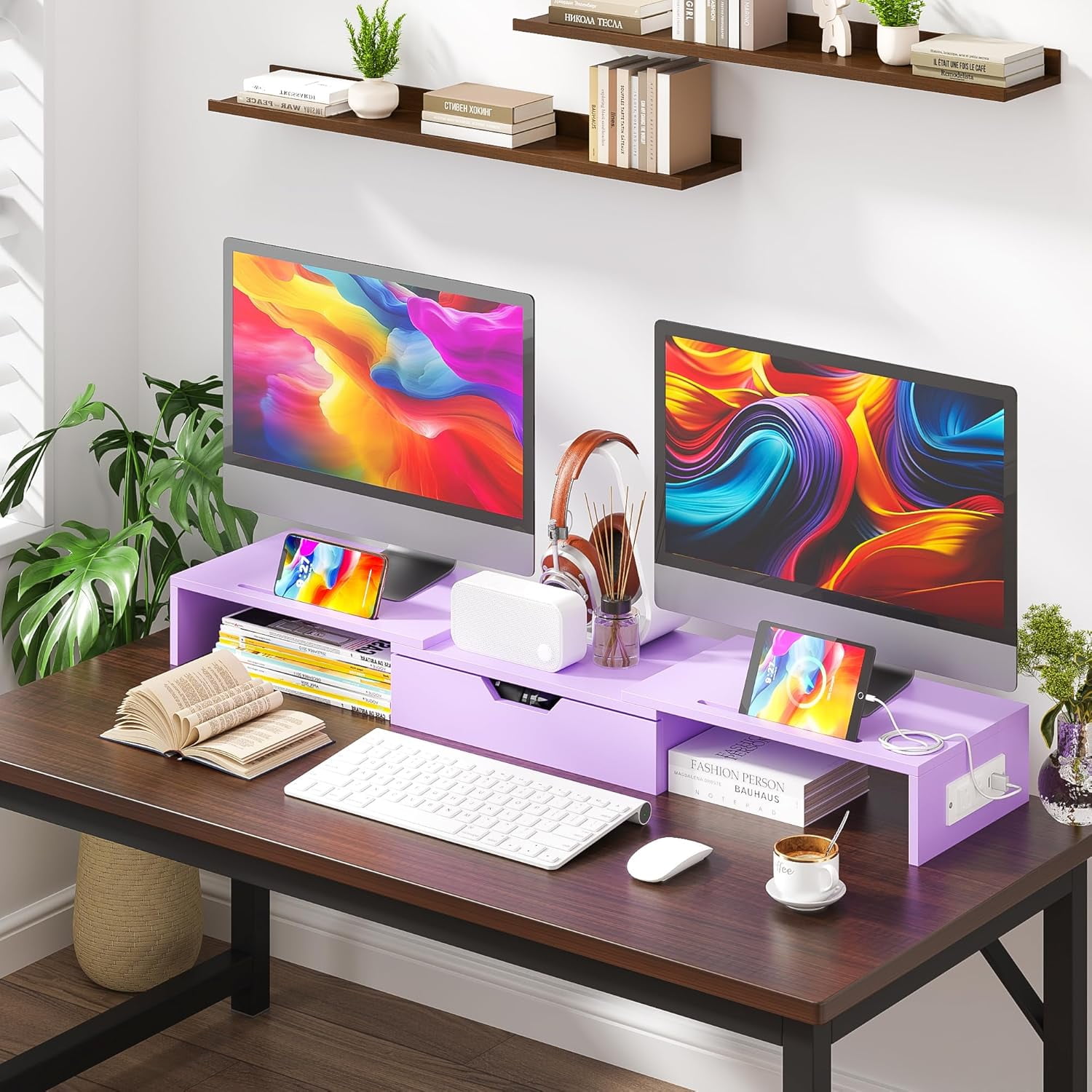 Dual Monitor Stand with USB Ports and Drawer, Adjustable Wood Computer Riser for PC Laptop Desk Organizer in  Pink