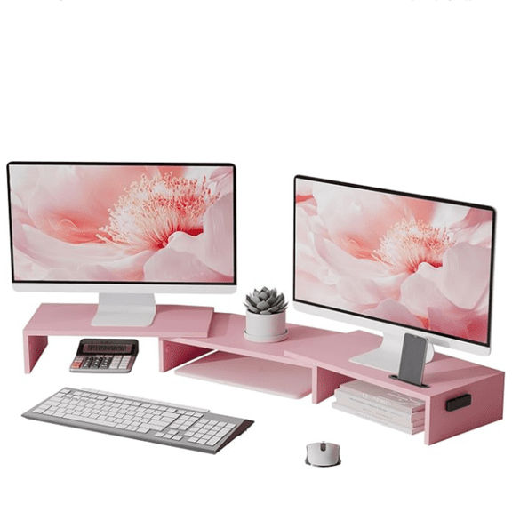 Dual Monitor Stand with phone Holder, Adjustable Length & Swivel Angle, Wooden Desktop Organizer for Monitor, Laptop, Printer, Large Storage, Pink