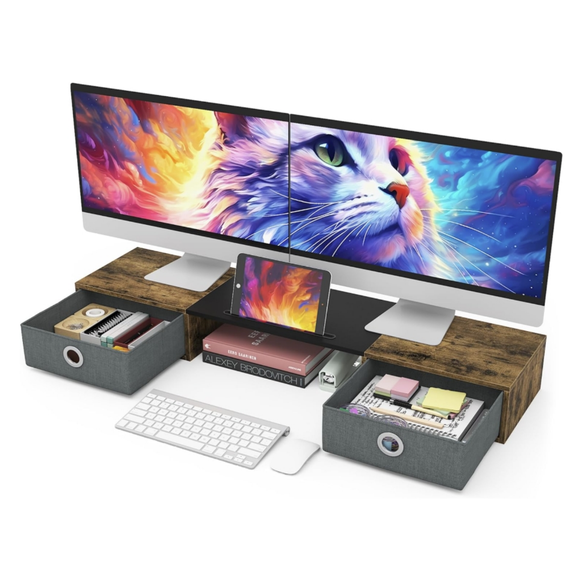 Dual Monitor Staniser with Two Drawers, Extra Large Storage for 2 Monitors, Desktop Oraganizer Computer,Laptop,Screen,Printer,TV