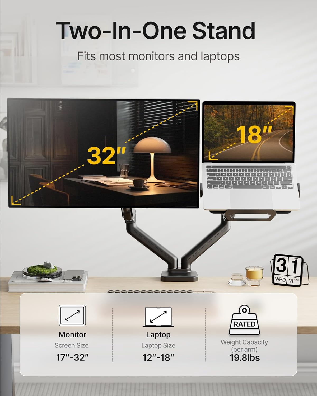Dual Monitor and Laptop Arm Mount for 32" Screen, Full Motion Adjustable Stand with Clamp Base, Holds 19.8 lbs, VESA 75/100mm