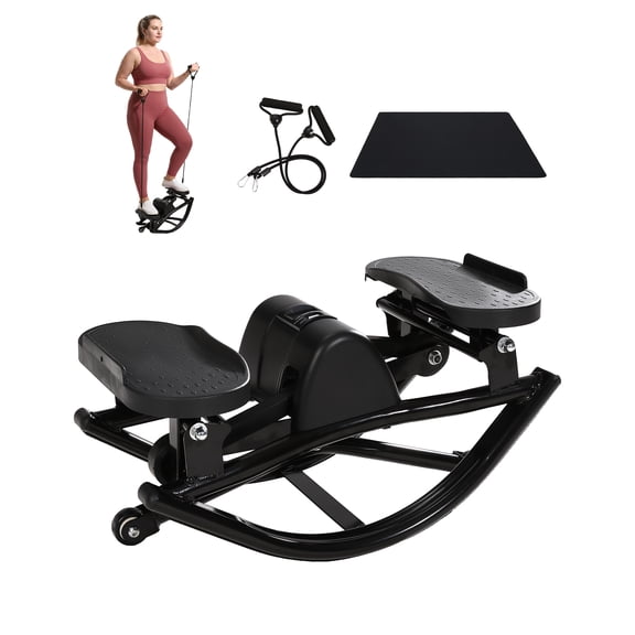 Dual-Motion Mini Stepper for Home Gym - 350 lbs Capacity - Low Impact Rocking Side-to-Side Step Machine - Resistance Bands, LCD Monitor, Non-Slip Mat - Full Body Workout, Black