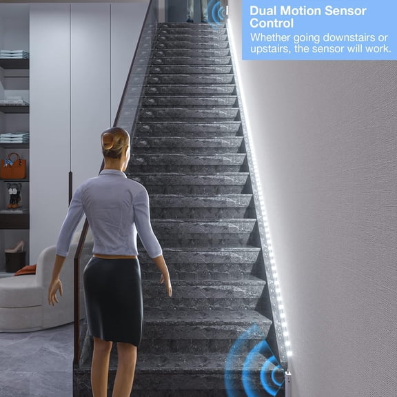 Dual Motion Sensor Stair Lights Strip, Rechargeable 16.4ft LED Strip Lighting,150 LEDs Cuttable Tape Light for Hallway,Under Cabinet,Cupboard,Shelves,Gun Safe,Flexible,6000K White