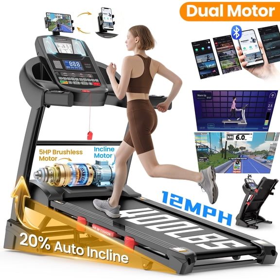 Dual Motor 5.1HP Folding Electric Treadmill for Home, Durable Running Machine with 20% Auto Incline, 400LBS Capacity, Bluetooth & APP Control, Quiet Compact Walking Pad Treadmill
