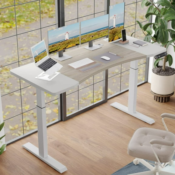 Dual Motor 63x30 Height Adjustable Electric Standing Desk,Height Stand Up Computer Desk,Sit and Stand Home Office Desk with Splice Board(Oak+White Top, White Frame)