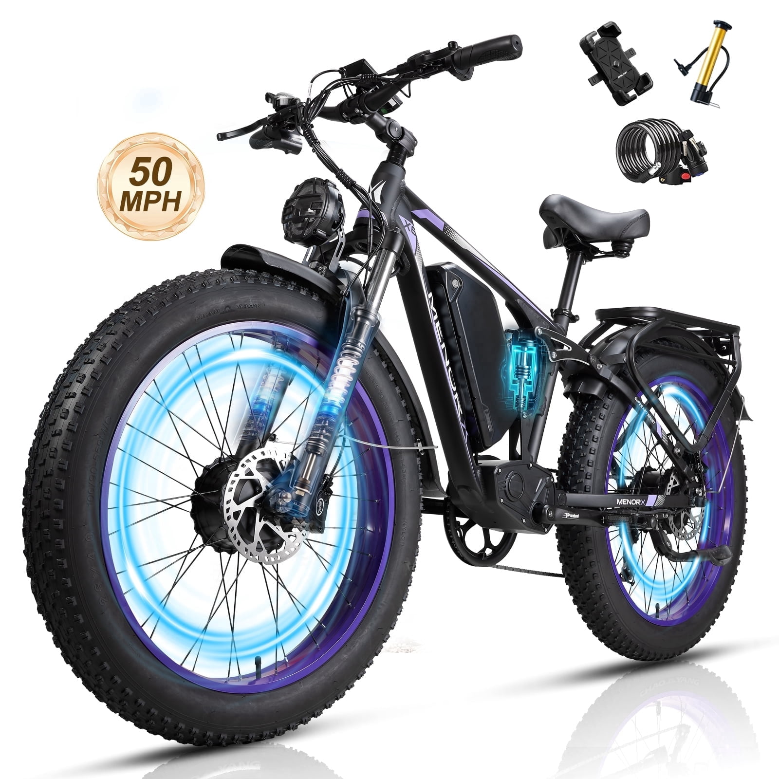 8000W Dual Motor Electric Bike, 26"x4" Fat Tire E-Bike with 60V 25Ah Battery, up to 50 MPH & 105-Mile Range, Full Suspension