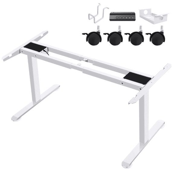 Legooin Dual Motor Stand Up Desk Frame Height Range 28"-45", with Cable Management, Casters and Hooks, White (Frame Only)