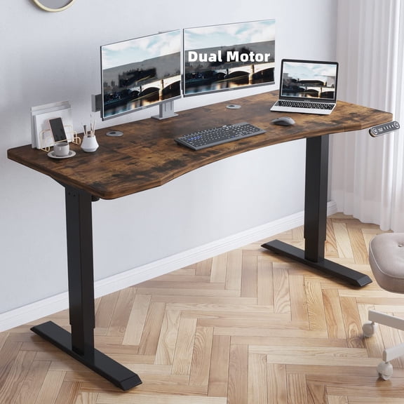 Dual Motor Height Adjustable Standing Desk, 63 x 30'' Height Adjustable Computer Desk Sit Stand Desk Home Office Desks with Splice Board 265 lb Load Capacity Black Frame + Rustic Brown Top