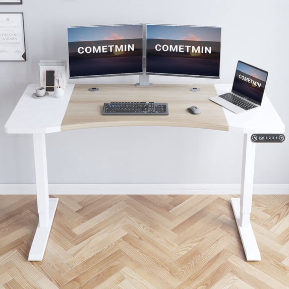 Dual Motor Height Adjustable Standing Desk, 63 x 30''Height Adjustable Computer Desk Sit Stand Desk Home Office Desks with Splice Board 265 lb Load Capacity White Frame + White Top
