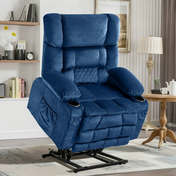 Dual Motor Large Power Lift Recliner Chair for Elderly, Electric Recliner Lift Chair with Heat and Massage, Cup Holders, Big Lift Recliner with Extended Footrest for Home, Blue
