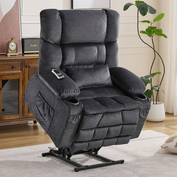 Dual Motor Large Power Lift Recliner Chair for Elderly, Electric Recliner Lift Chair with Heat and Massage, Cup Holders, Big Lift Recliner with Extended Footrest for Home, Grey
