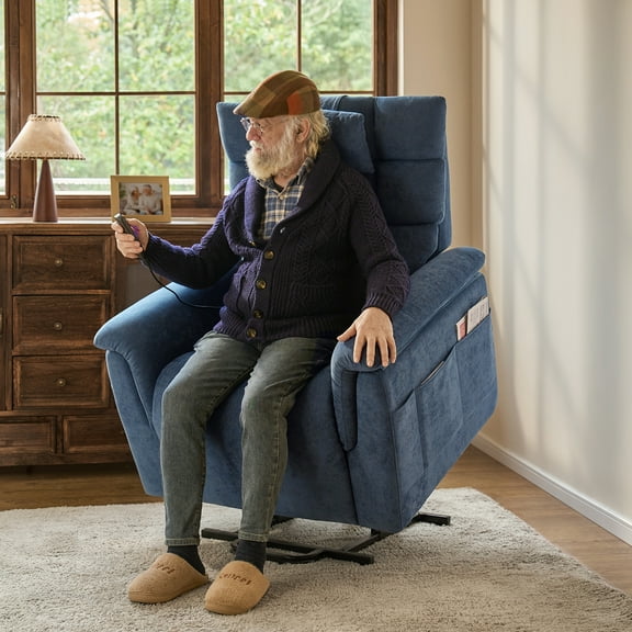 Power Lift Fabric Recliner Chair with Massage Heat and Adjustable Headrest for Elderly Navy