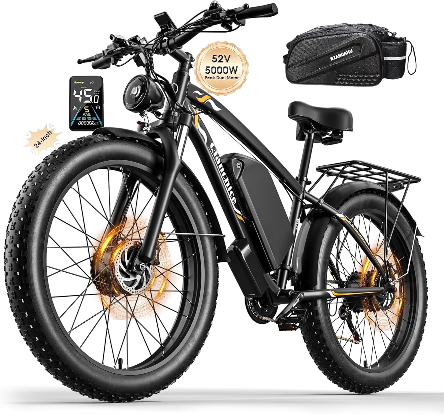 Dual Motor Peak 5000W Electric Bike for Adults Men Women 40-45MPH 100 Miles, 52V 34AH Long Range Ebike, Fat Tire 24Inch, Commuter Electric Bicycles Ebike, Hydraulic Disc Brake
