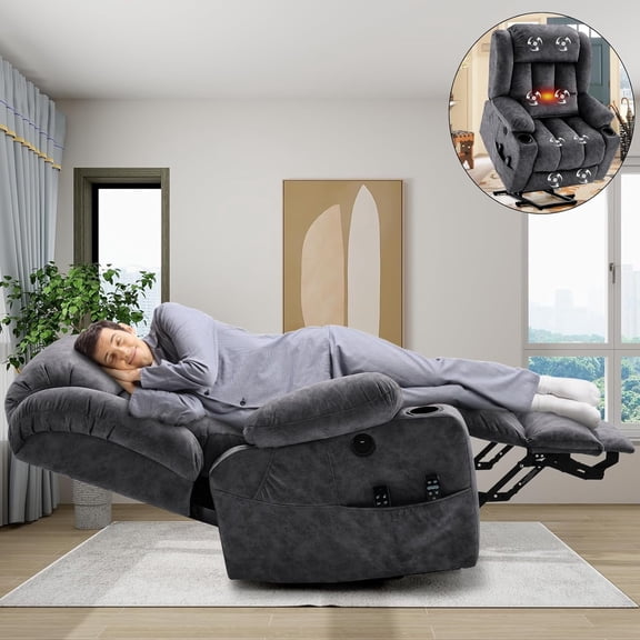 Dual Motor Power Lift Recliner for Big Elderly, Extended Footrest, Large Infinite Position Lay Flat Chair for Living Room with Massage & Heat, Lumbar Pillow, USB & Type-C Ports, Plush-Gray