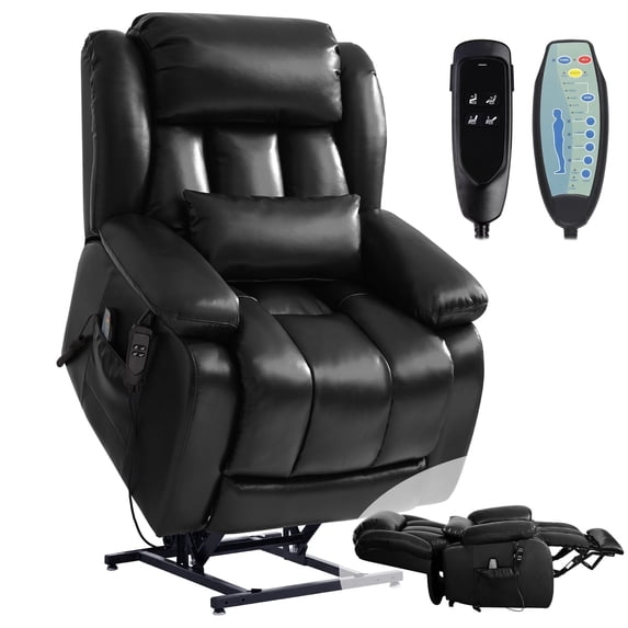 Dual Motor Power Lift Recliner Chair for Elderly, Infinite Position Lay Flat Lift Chair with Heat and Massage, Extended Footrest, USB Ports, Lumbar Pillow, Cup Holders, Black