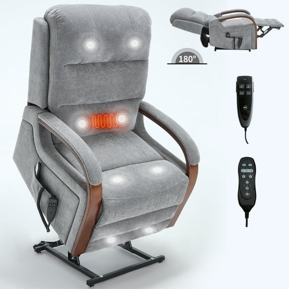 Dual Motor Power Lift Recliner Chair for Elderly, Lay Flat Lift Chair with Heat Massage and Solid Wood Armrests, Electric Lift Chairs with Side Pockets,Remote Control and Chenille Fabric, Gray