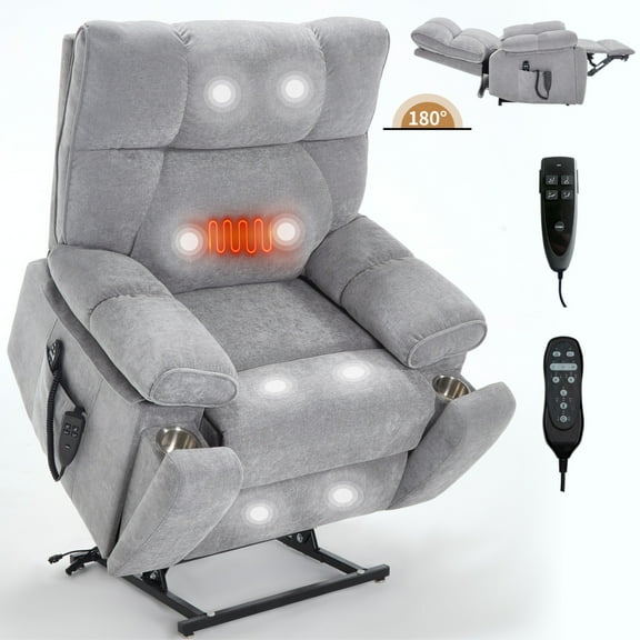Dual Motor Power Lift Recliner Chair for Elderly & Post-Surgery Recovery, Full-Body Massage & Lumbar Heat, 180° Lying Flat, 24.8" Wide Seat, Dual Cup Holders, 350lbs Capacity, Grey