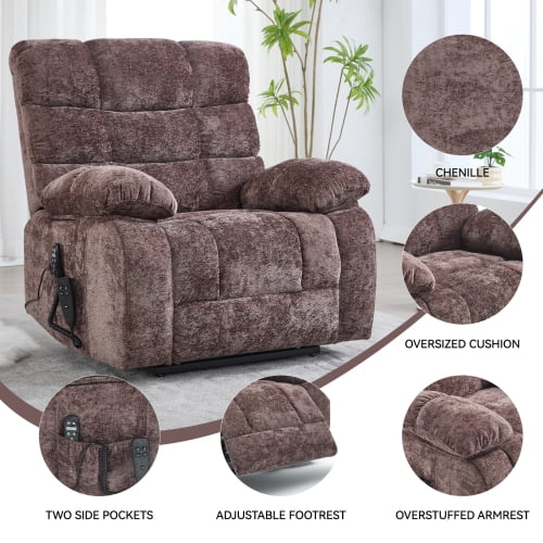 Dual Motor Power Lift Recliner Chair with Heat & Massage - 350LB Heavy Duty Chenille Recliner, Infinite Position Electric Lift Chair, Gifts for Elderly/Mothers/Fathers, Brown