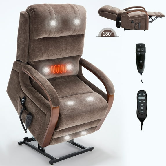 Dual Motor Power Lift Recliner Chair with Massage and Heat for Elderly, 180° Lying Flat Adjustable Lift Chair with 3 Positions, Solid Wood Armrests and Chenille Fabric, Brown