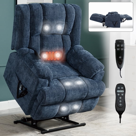 Dual Motor Power Lift Recliner Chair with Massage and Heat, Electric Lift Chair for Elderly, 8-Point Vibration Recliner with Remote Control, 350LBS Capacity, Blue