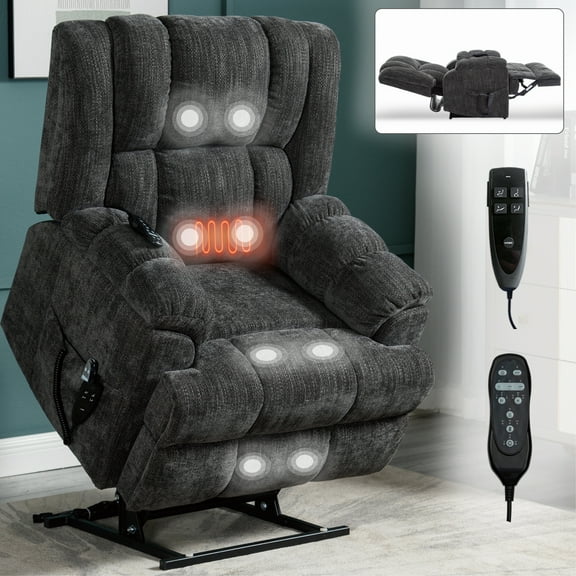 Dual Motor Power Lift Recliner Chair with Massage and Heat, Electric Lift Chair for Elderly, 8-Point Vibration Recliner with Remote Control, 350LBS Capacity, Grey