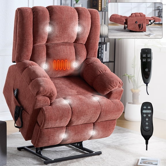 Dual Motor Power Lift Recliner Chair with Massage and Heat, Electric Lift Chair for Elderly, 8-Point Vibration Recliner with Remote Control, 350LBS Capacity, Red