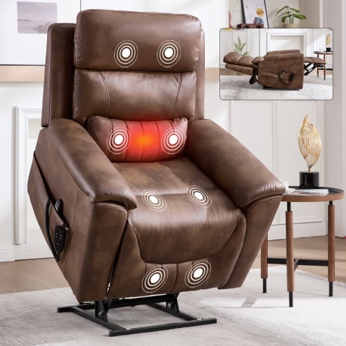 Dual Motor Power Lift Recliner Chair with Massage and Heat, Infinite Position Heavy Duty Recliner with 8-Point Vibration and Lumbar Heating for Living Room, Brown
