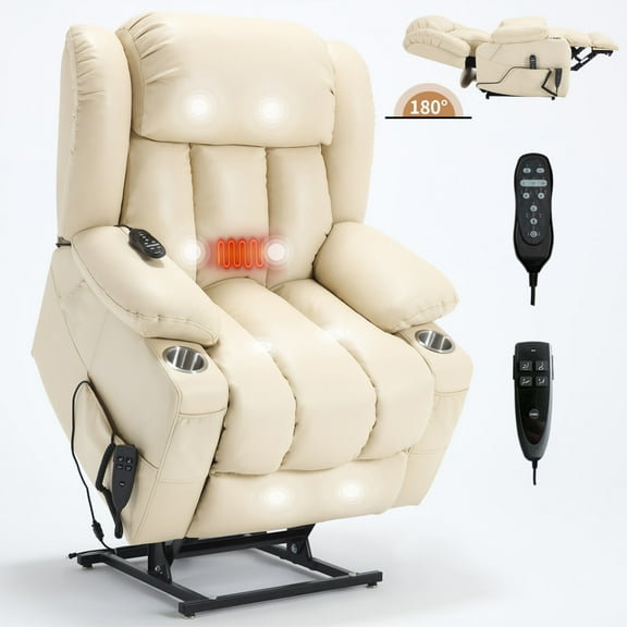 Dual Motor Power Lift Recliner Chair for Elderly, 180° Lay Flat Lift Chair with Heat and Massage, Cup Holders and Side Pockets, Z-ero Gravity, Beige