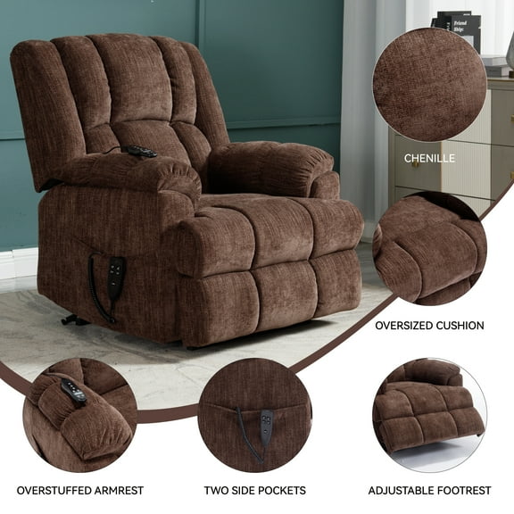 Dual Motor Power Lift Recliner with Heat Massage, Electric Remote Control Reclining Chair, Infinite Positions up to 350 lbs, Medium-Firm, Brown Chenille