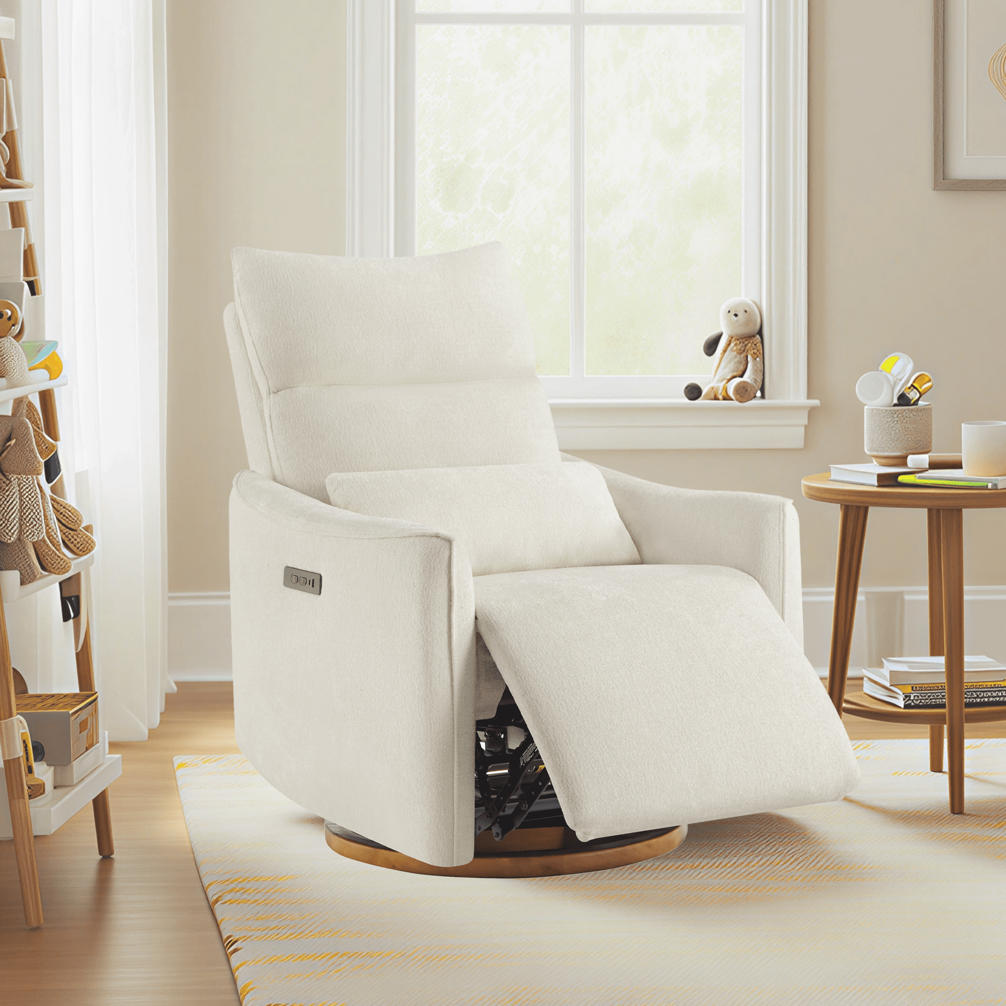 Spruce & Spring Dual-Motor Power Swivel Recliner with Lumbar Pillow for Nursery & Living Room, Cream