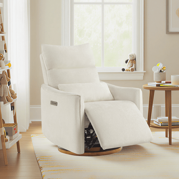 Spruce & Spring Dual-Motor Power Swivel Recliner with Lumbar Pillow for Nursery & Living Room, Cream