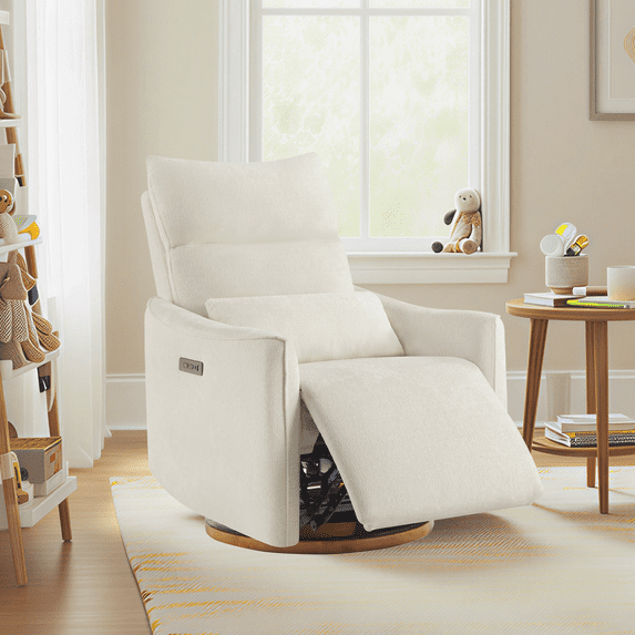 Spruce & Spring Dual-Motor Power Swivel Recliner with Lumbar Pillow for Nursery & Living Room, Cream