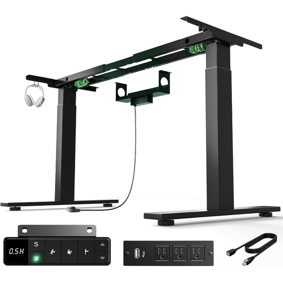 Dual Motor Standing Desk Frame for Tops up to 75" - 280 lbs Capacity | 27.9"-47.5" Height Adjustable Desk Legs with 3 Memory Presets, Power Strip & Cable Management Tray, Black Frame Only