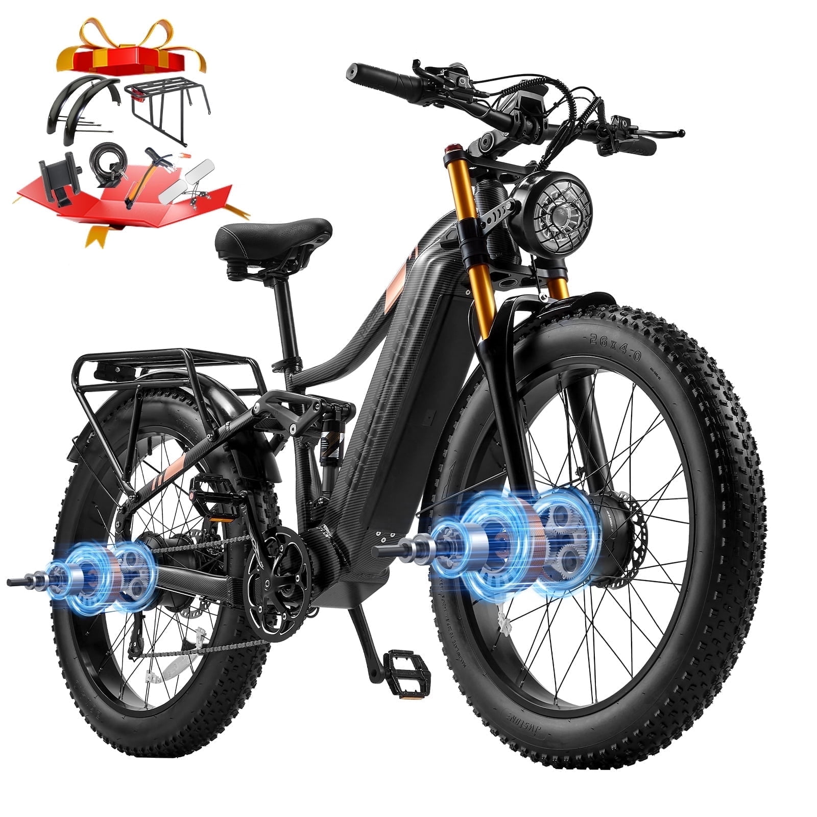 Dual Motors AWD 2000W Electric Bike for Adult 26'', UL2849 48V 30AH Removable Battery E-mountain bike 4.0 Fat Tire up to 35MPH&120Miles Long Range Off-road Ebike Beach Dual Hydraulic&Brakes E-Bicycle