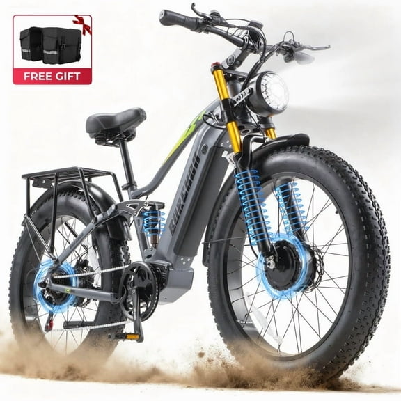 Dual Motors AWD 2000W Electric Bike for Adult 26'', UL2849 48V 20AH Removable Battery E-mountain bike 4.0 Fat Tire up to 32MPH Long Range Off-road Ebike Dual Hydraulic&Full Suspension Bicycles