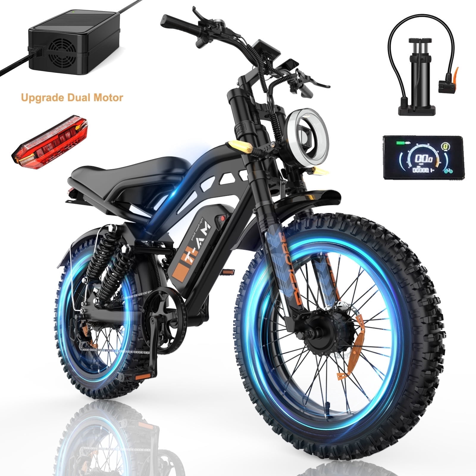 Dual Motors Electric Bike for Adults 20'', 1500W E-Mountain Bike 48V 15Ah UL2849 Removable Battery, Fat Tire Ebike up to 32MPH&60 Miles Range Off Road Hydraulic Disc Brake E-Bicycle