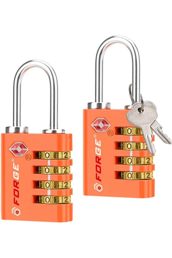 Dual-Opening: Key or Combination Access Lock, TSA Approved Locks for Luggage, Pelican case, Travel, Gym, School, Stainless Steel Shackle.(Orange, 2 Pk)