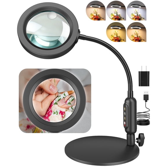 Dual Optical Lens Magnifying Glass with Light & Stand, 5 Color Modes Stepless Dimmable Flexible Gooseneck for Close Work Crafts Painting