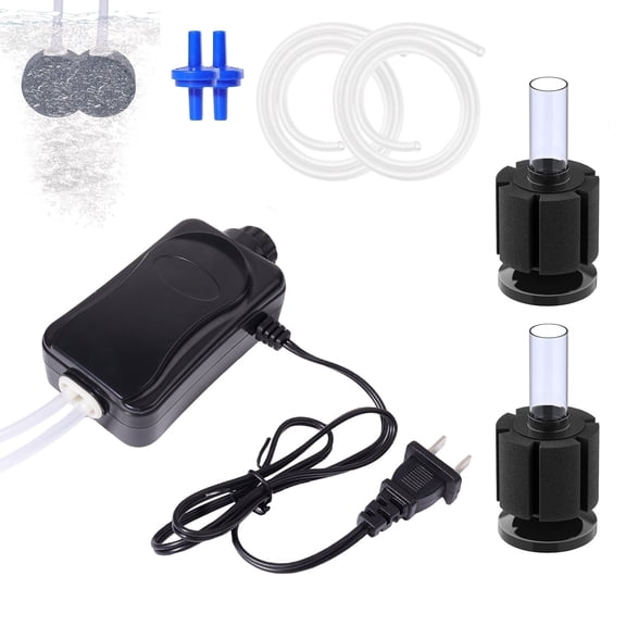 Dual Outlet Aquarium Air Pump with Sponge Filter, Adjustable Oxygen Kit for 10-155 Gal Tank, Ideal for Fry and Shrimp